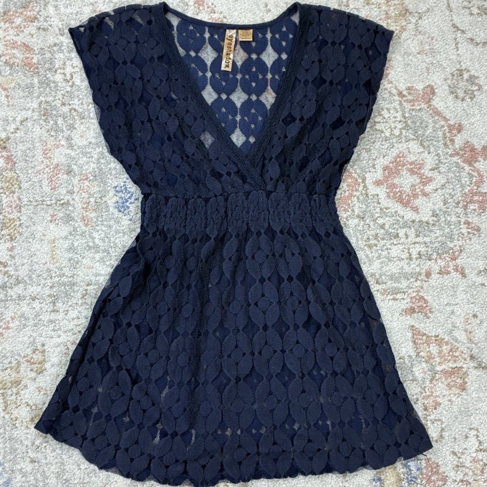 Eyeshadow Navy Sheer Lace Tunic Top Whimsigoth Fairycore Coquette Boho Blouse M